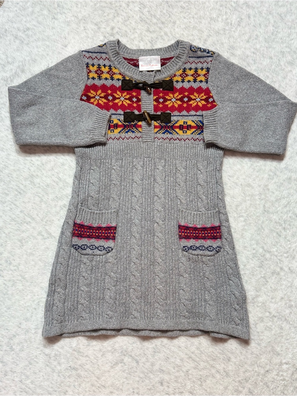 Hanna Andersson Fair Isle Cable Knit Sweater Dress 4T Girls Gray Red Winter
